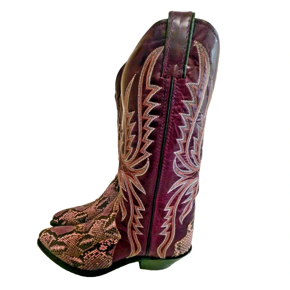 VINTAGE Rare CODE WEST Purple Snakeskin Western Leather COWBOY BOOTS 7.5